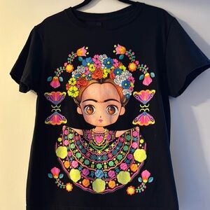 Black Short Sleeve Tee with Vibrant Folk Art Design